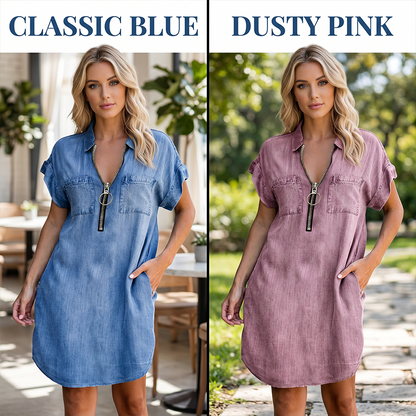 Women Casual Denim Shirt Dress Loose Lapel Short Sleeve Zipper Dress with Pockets