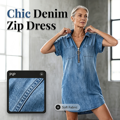 Women Casual Denim Shirt Dress Loose Lapel Short Sleeve Zipper Dress with Pockets