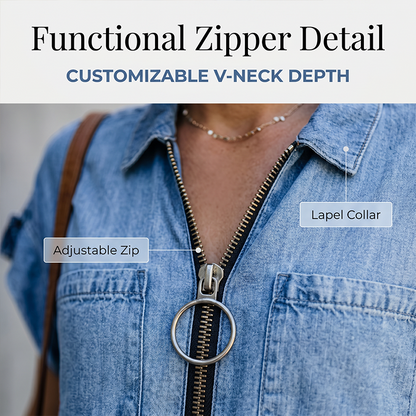 Women Casual Denim Shirt Dress Loose Lapel Short Sleeve Zipper Dress with Pockets