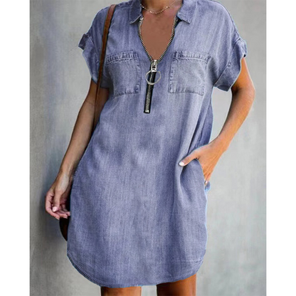 Women Casual Denim Shirt Dress Loose Lapel Short Sleeve Zipper Dress with Pockets
