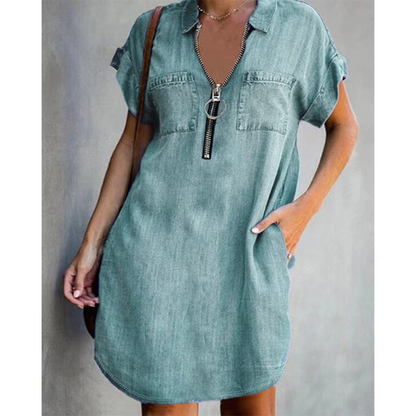 Women Casual Denim Shirt Dress Loose Lapel Short Sleeve Zipper Dress with Pockets