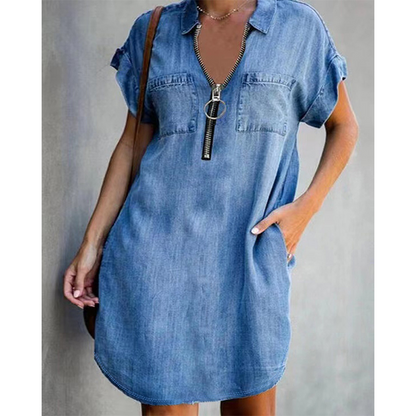 Women Casual Denim Shirt Dress Loose Lapel Short Sleeve Zipper Dress with Pockets