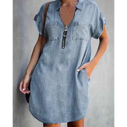 Women Casual Denim Shirt Dress Loose Lapel Short Sleeve Zipper Dress with Pockets