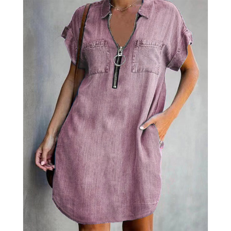 Women Casual Denim Shirt Dress Loose Lapel Short Sleeve Zipper Dress with Pockets