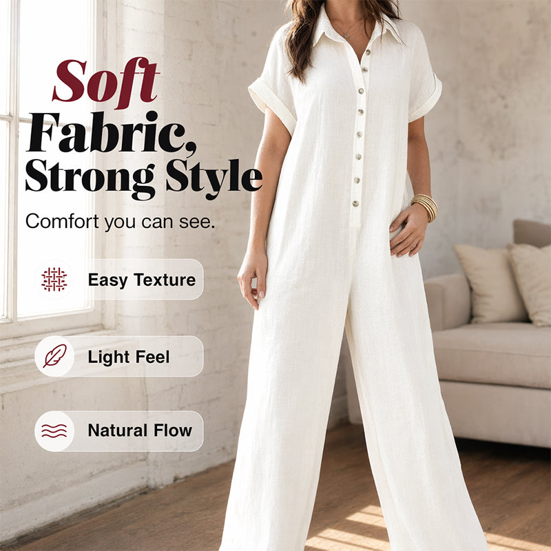 Women's Casual Loose Short Sleeve Button Jumpsuit