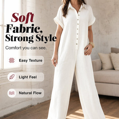 Women's Casual Loose Short Sleeve Button Jumpsuit