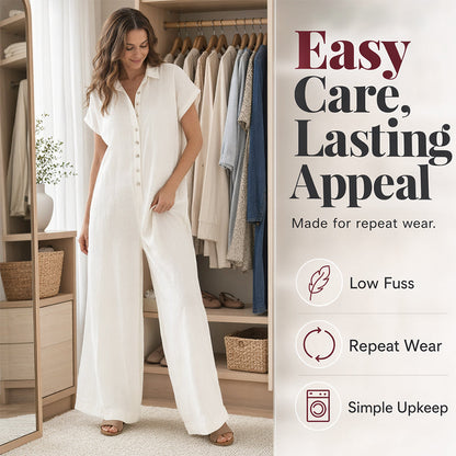 Women's Casual Loose Short Sleeve Button Jumpsuit