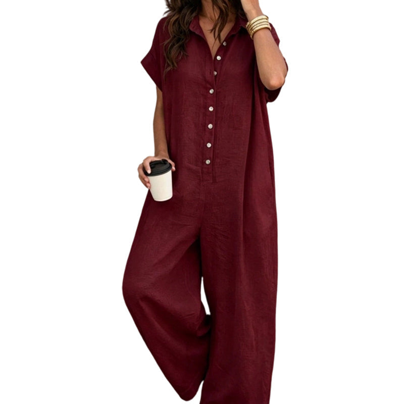 Women's Casual Loose Short Sleeve Button Jumpsuit