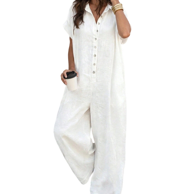Women's Casual Loose Short Sleeve Button Jumpsuit