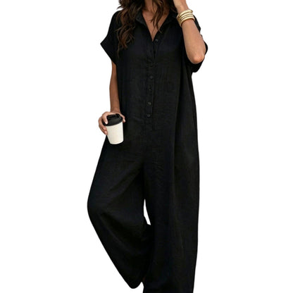 Women's Casual Loose Short Sleeve Button Jumpsuit