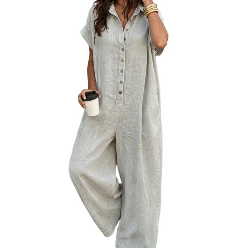 Women's Casual Loose Short Sleeve Button Jumpsuit