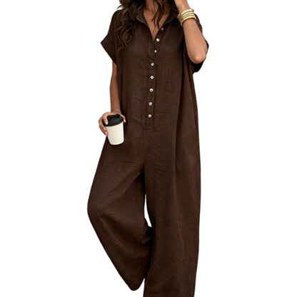 Women's Casual Loose Short Sleeve Button Jumpsuit