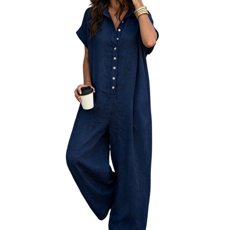 Women's Casual Loose Short Sleeve Button Jumpsuit