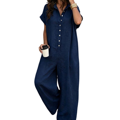 Women's Casual Loose Short Sleeve Button Jumpsuit