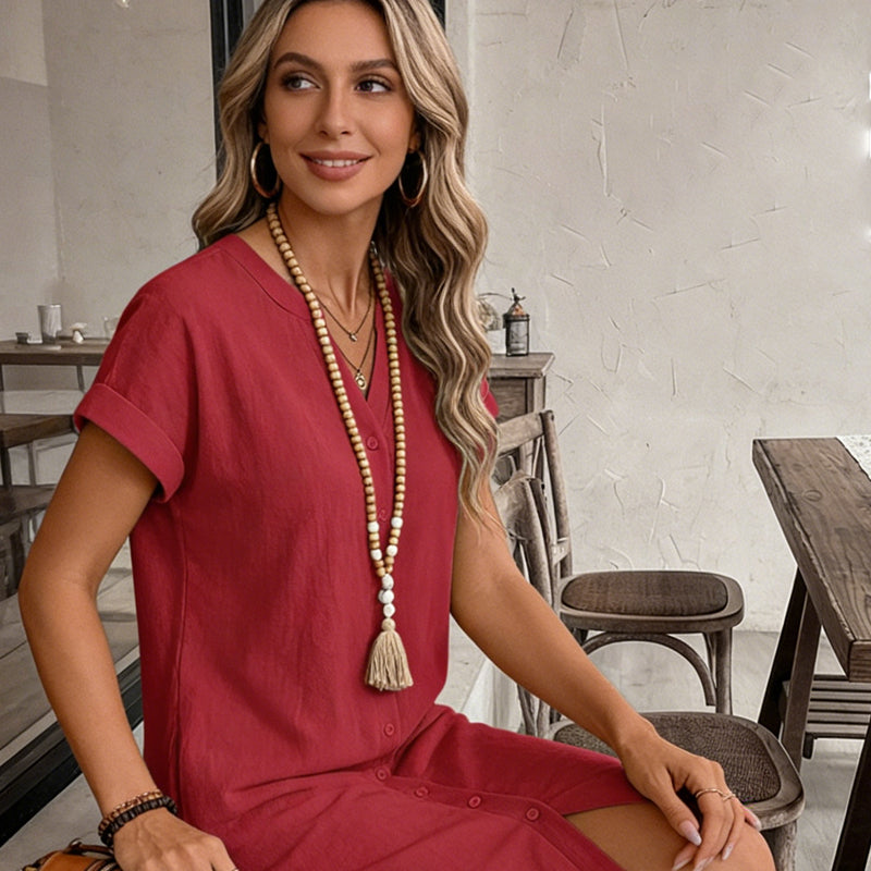 Women's Casual V-Neck Button-Down Shirt Dress