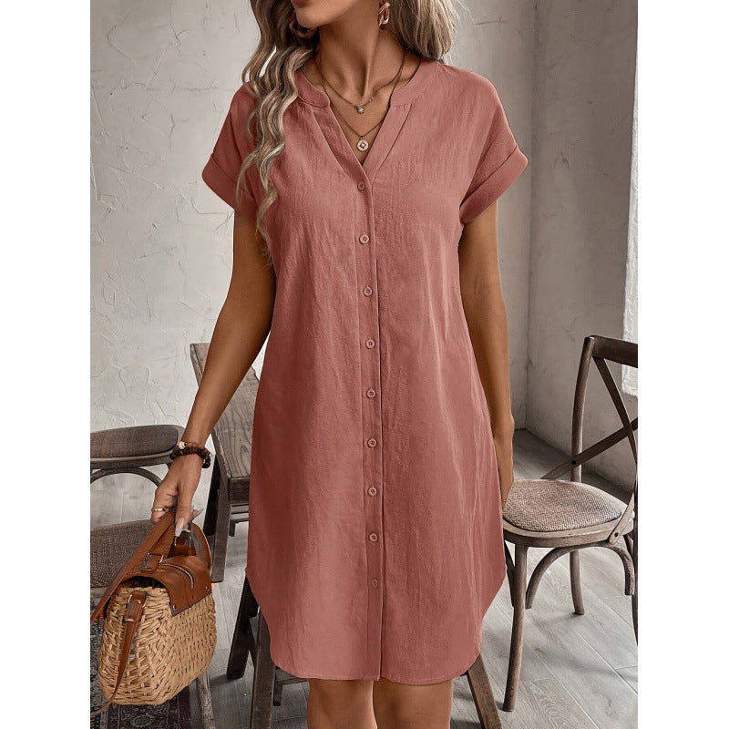 Women's Casual V-Neck Button-Down Shirt Dress