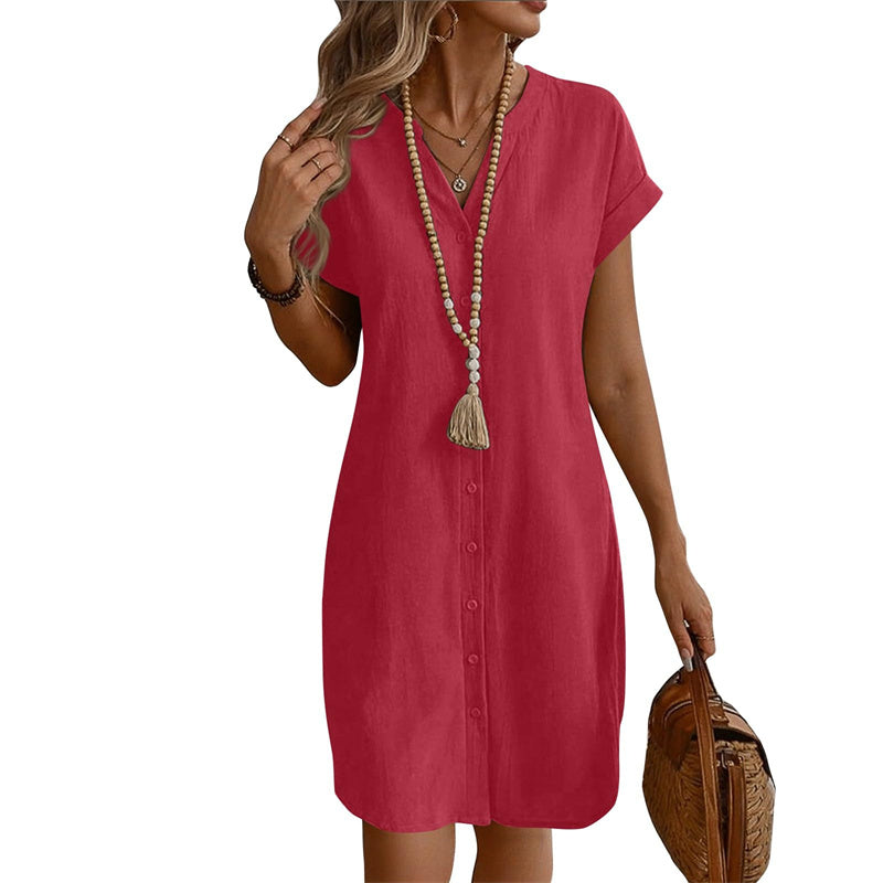 Women's Casual V-Neck Button-Down Shirt Dress