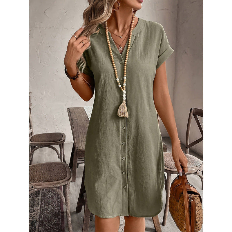 Women's Casual V-Neck Button-Down Shirt Dress