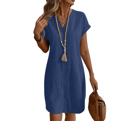 Women's Casual V-Neck Button-Down Shirt Dress