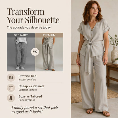 Women's Casual Tie-Waist Top and Wide-Leg Pants Set