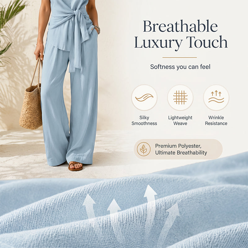 Women's Casual Tie-Waist Top and Wide-Leg Pants Set