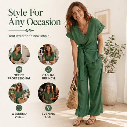 Women's Casual Tie-Waist Top and Wide-Leg Pants Set