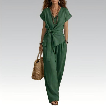 Women's Casual Tie-Waist Top and Wide-Leg Pants Set