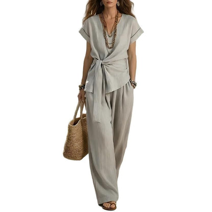 Women's Casual Tie-Waist Top and Wide-Leg Pants Set