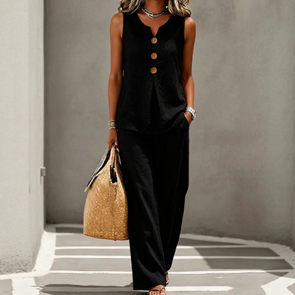 Women's Sleeveless Button Top and Loose Pants Set