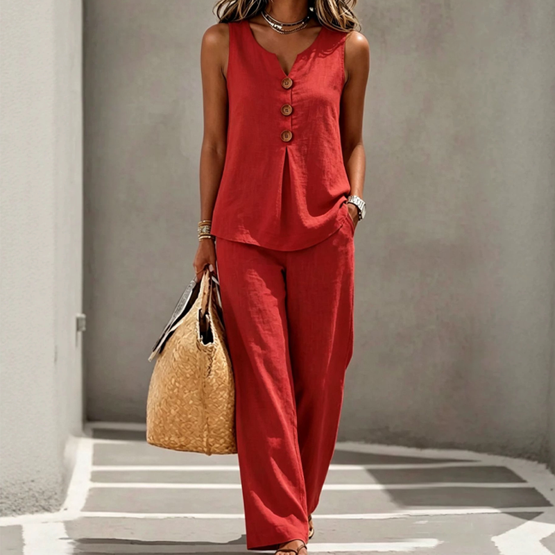 Women's Sleeveless Button Top and Loose Pants Set