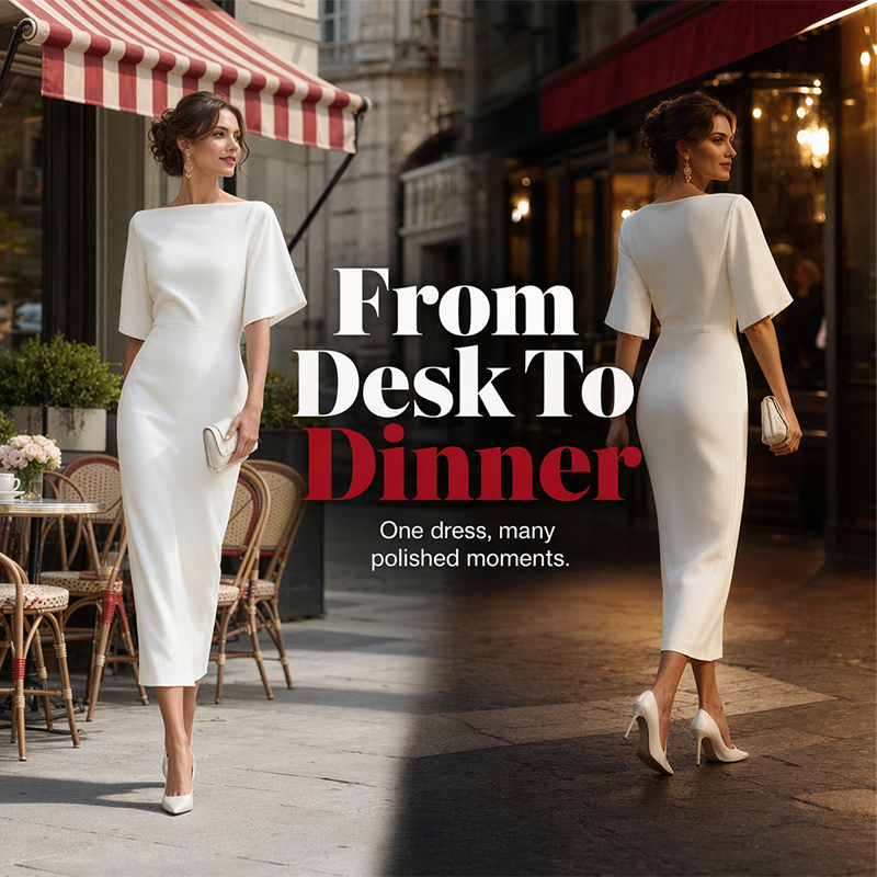 Women Elegant Boat Neck Flutter Sleeve Dress