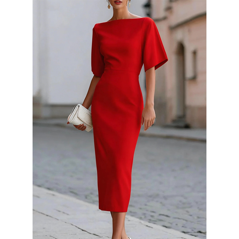Women Elegant Boat Neck Flutter Sleeve Dress