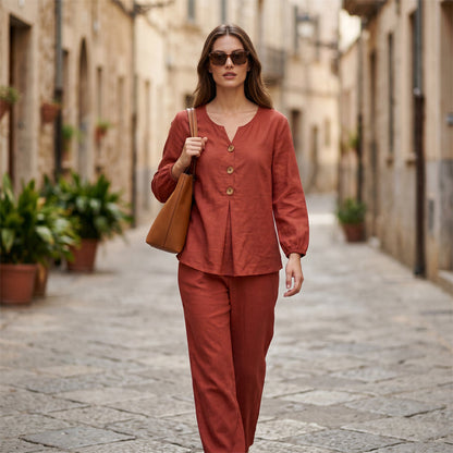 Women's V-Neck Long Sleeve Top & Pants Set