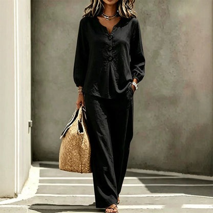 Women's V-Neck Long Sleeve Top & Pants Set