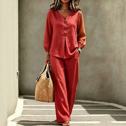 Women's V-Neck Long Sleeve Top & Pants Set