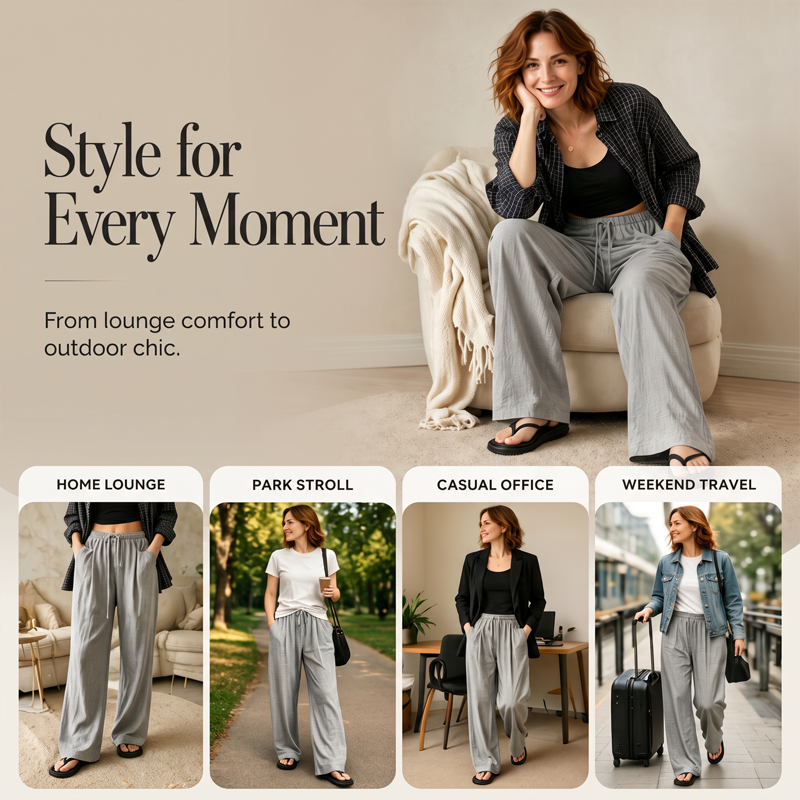 Women's High-Waisted Wide-Leg Drawstring Pants
