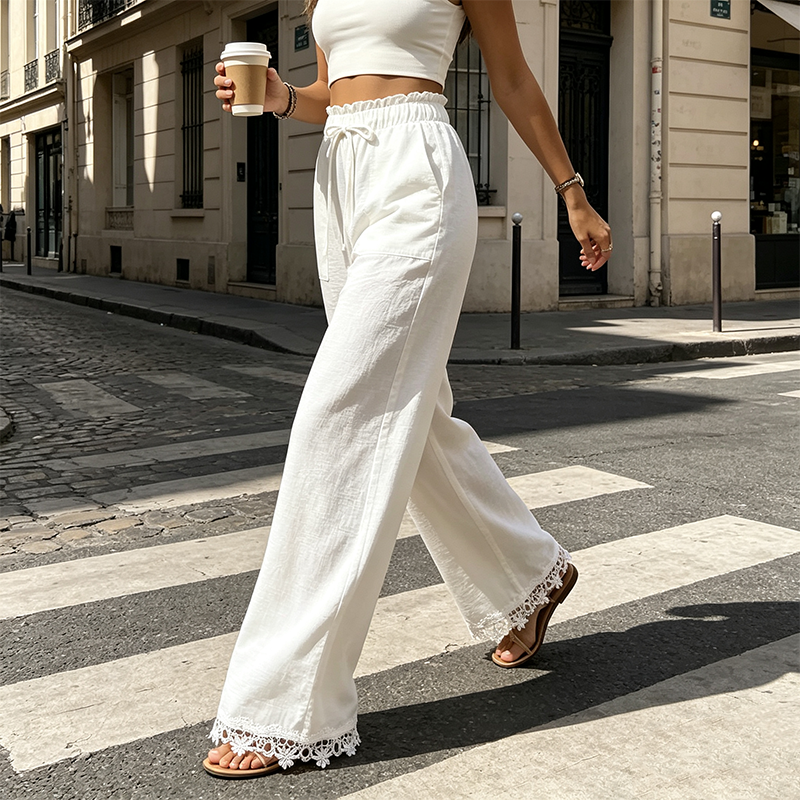 Women's Wide Leg Linen Pants with Lace Hem