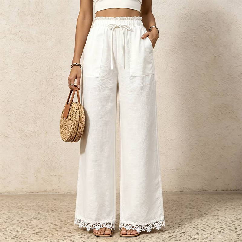 Women's Wide Leg Linen Pants with Lace Hem