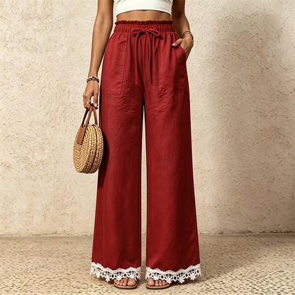 Women's Wide Leg Linen Pants with Lace Hem