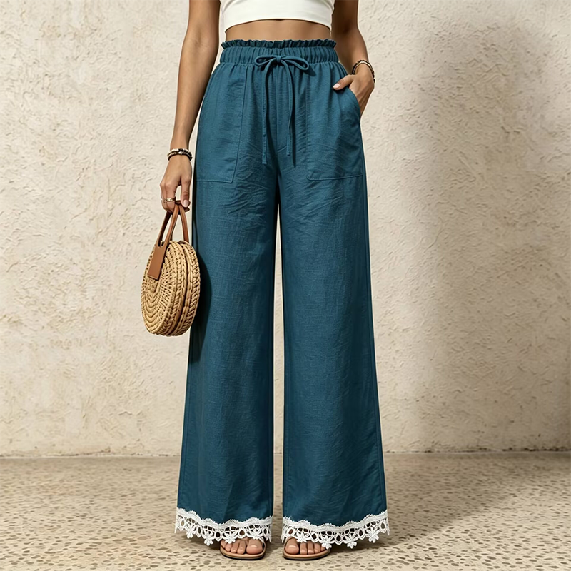 Women's Wide Leg Linen Pants with Lace Hem