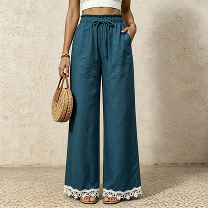 Women's Wide Leg Linen Pants with Lace Hem