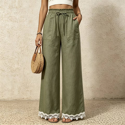 Women's Wide Leg Linen Pants with Lace Hem