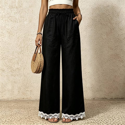 Women's Wide Leg Linen Pants with Lace Hem