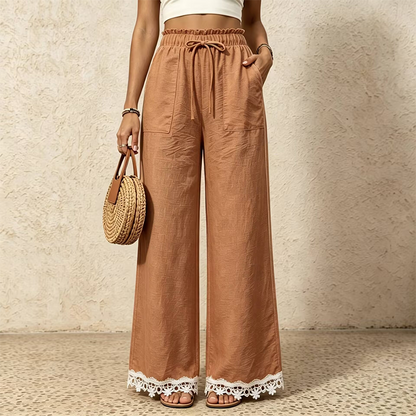 Women's Wide Leg Linen Pants with Lace Hem