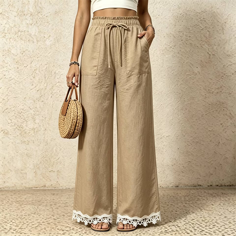Women's Wide Leg Linen Pants with Lace Hem