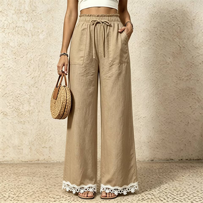 Women's Wide Leg Linen Pants with Lace Hem