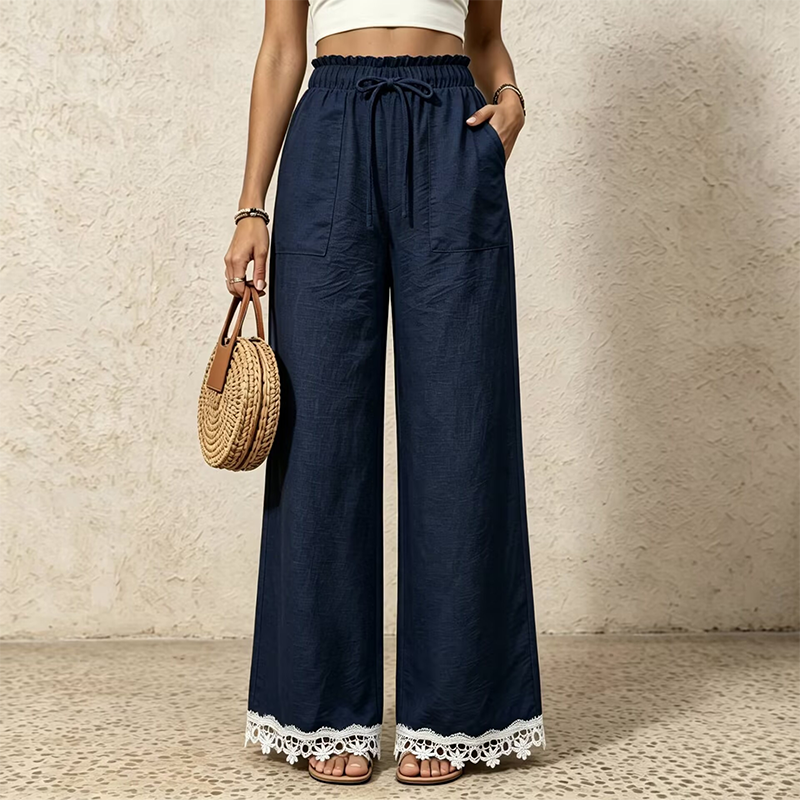 Women's Wide Leg Linen Pants with Lace Hem