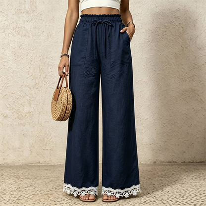 Women's Wide Leg Linen Pants with Lace Hem