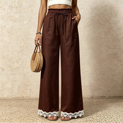Women's Wide Leg Linen Pants with Lace Hem