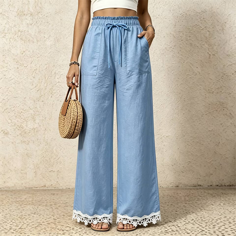 Women's Wide Leg Linen Pants with Lace Hem